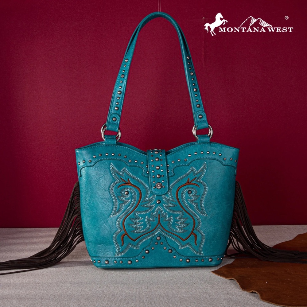 Montana West Embroidered Fringe Concealed Carry Boot Purse Tote Turquoise